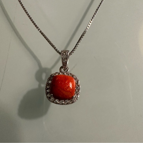 NWOT Ross-Simons Coral Pendant with .20 ct. t.w. White Topaz in Sterling Silver - Picture 3 of 8